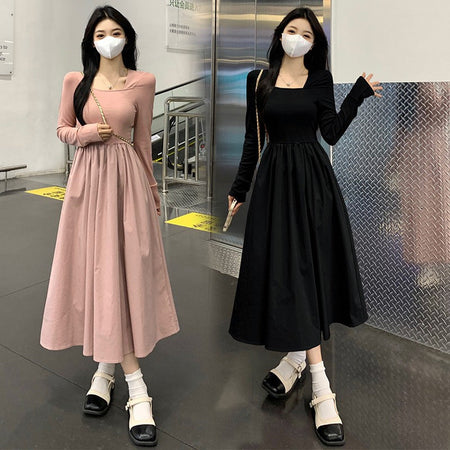 Pink french square collar a-line slim long dress women