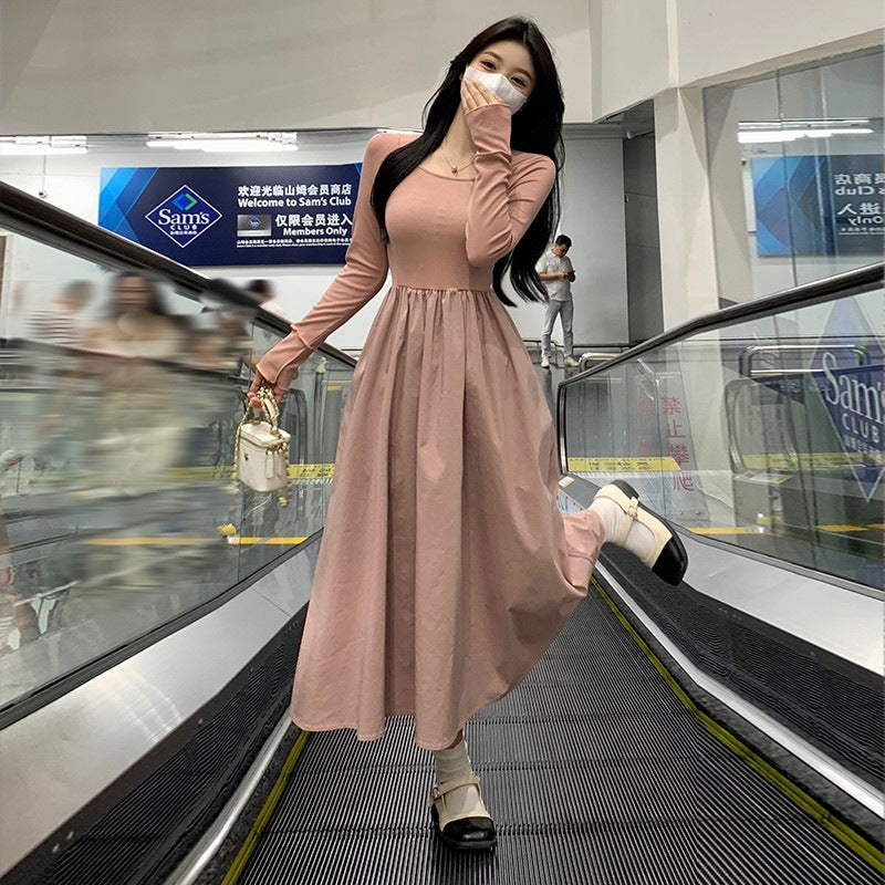 French Square Collar A-Line Slim Long Dress Women