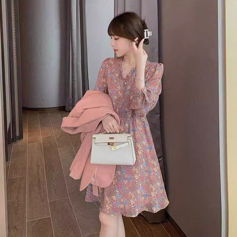 Bean paste powder 2024 v-neck high waist slim long sleeve dress women