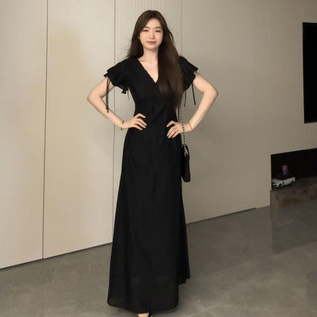 Black v-neck dress 2026 hepburn black v-neck long dress women summer