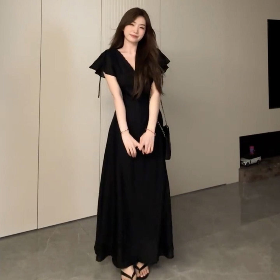 2026 Hepburn Black V-Neck Long Dress Women Summer
