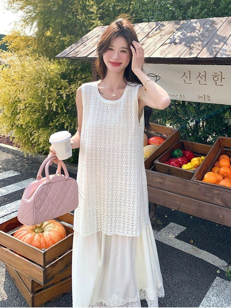 Plus Size French Lace Two Piece Tank Dress Women Summer