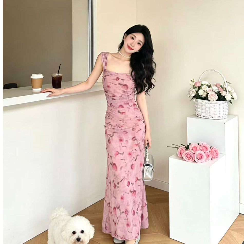 French Pink Floral Strap Dress – Slim & Elegant 2026