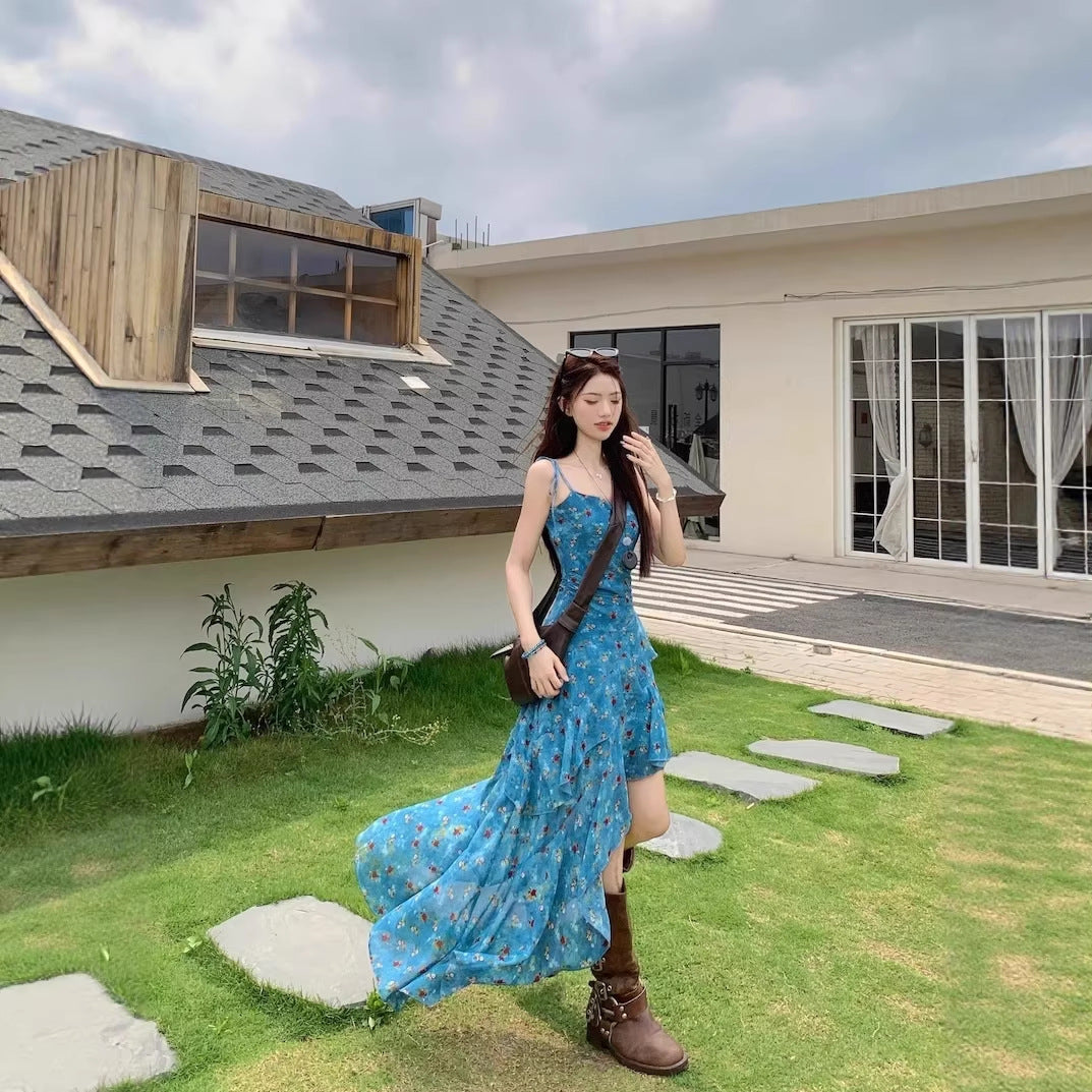 Blue irregular dress retro floral suspender dress – slim a-line long skirt