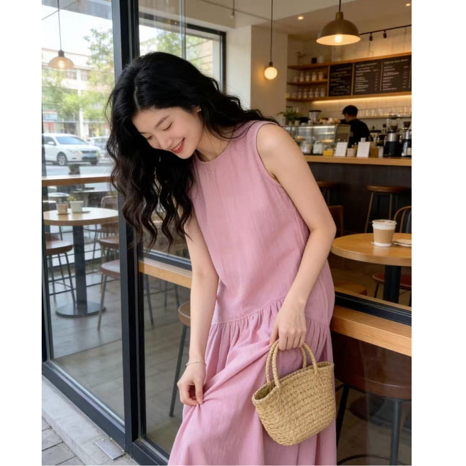 Pink Cotton Linen French Sleeveless Dress – Goddess 2026