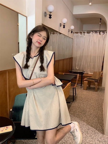 French striped flutter sleeve ruffle doll dress – summer