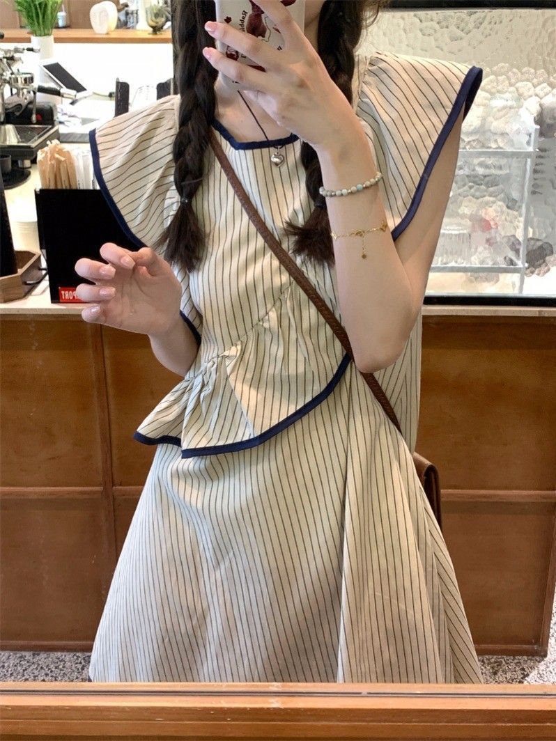 French Striped Flutter Sleeve Ruffle Doll Dress – Summer