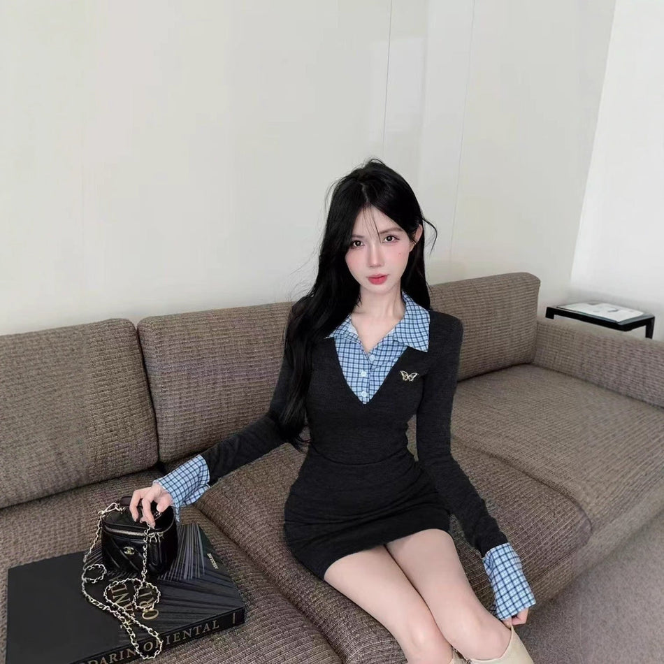 Autumn Plaid Fake Two-Piece Slim Pleated Short Dress – Women