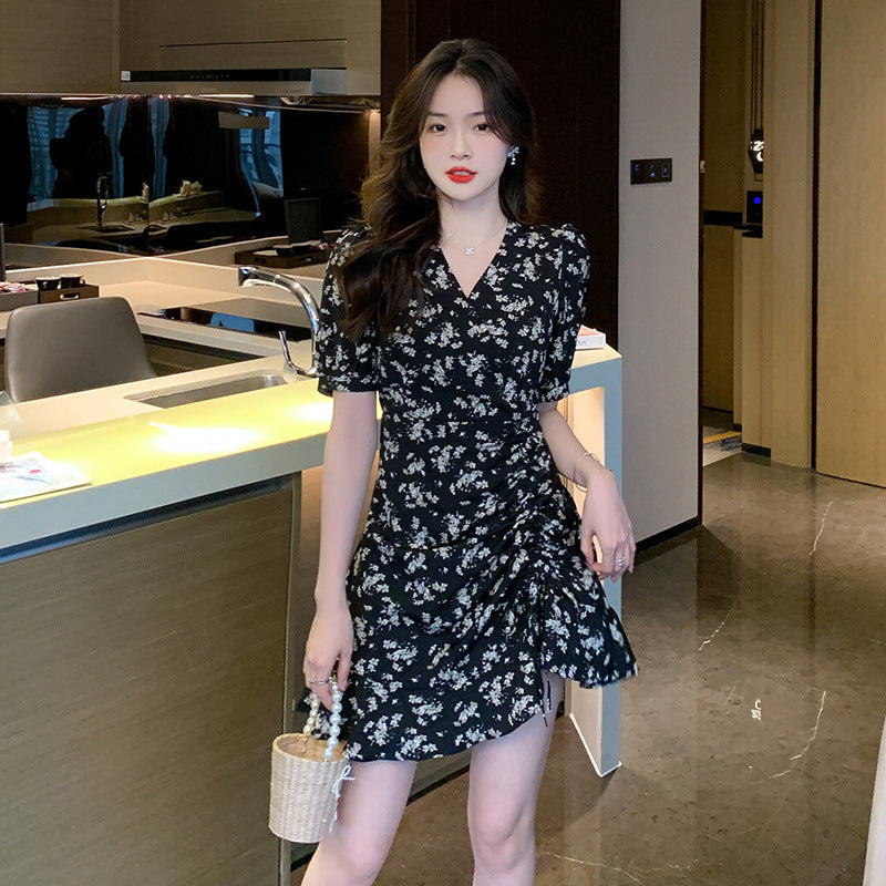 Black french floral chiffon v-neck high-waist ruffle short dress