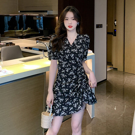 Black french floral chiffon v-neck high-waist ruffle short dress