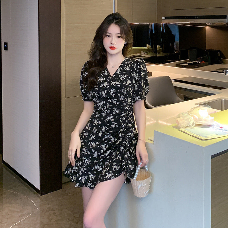 French Floral Chiffon V-Neck High-Waist Ruffle Short Dress