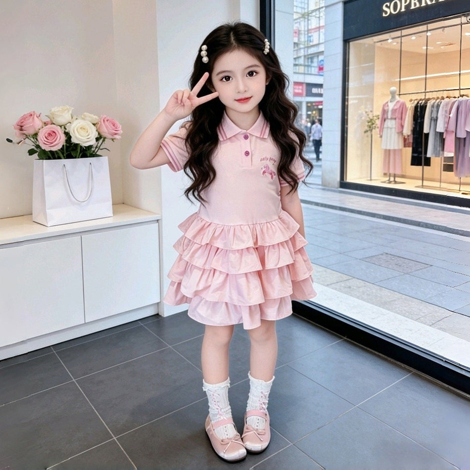Girls Polo Collar Tiered Princess Dress Summer