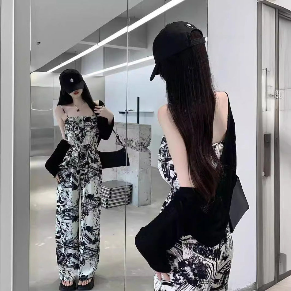 High Waist Wide Leg Pants & Knit Shawl Two-Piece Sling Set