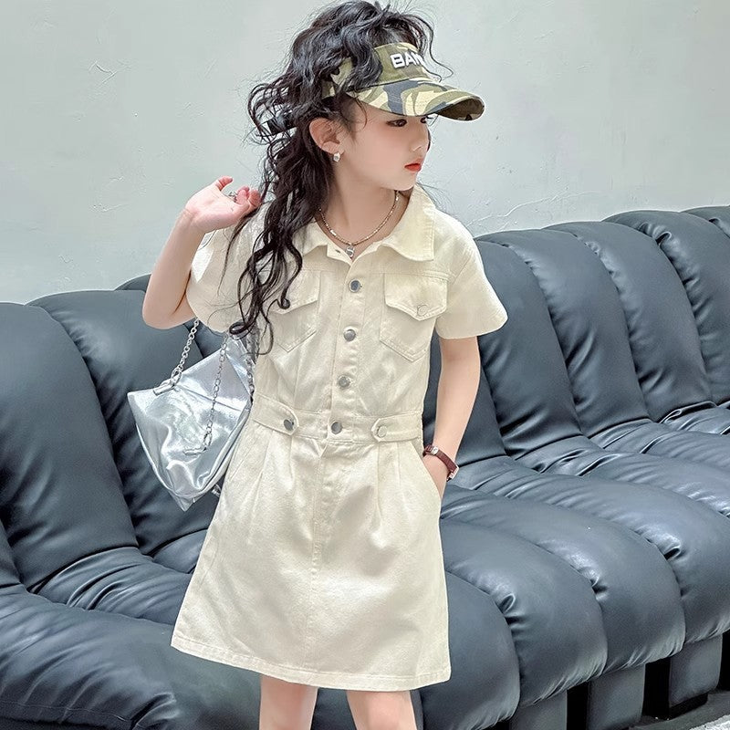 Girls A-Line Summer Dress Lapel Button Style