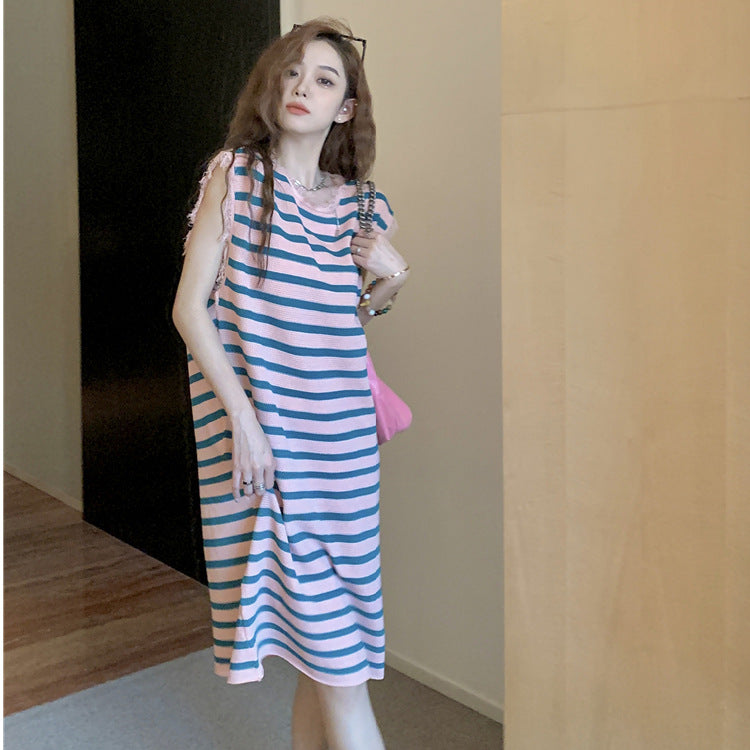 Pink green stripe korean striped tassel tank dress – casual loose mid-length