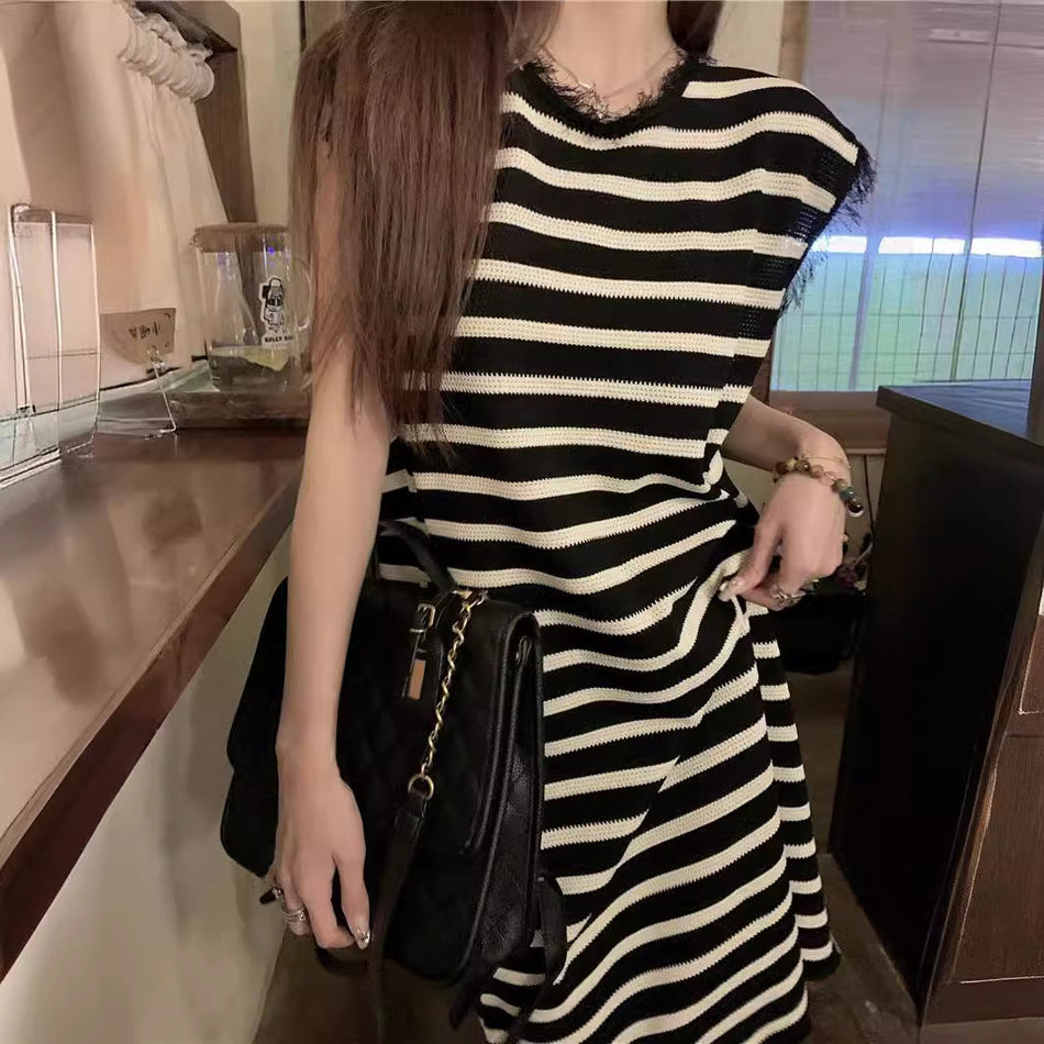 Korean Striped Tassel Tank Dress – Casual Loose Mid-Length