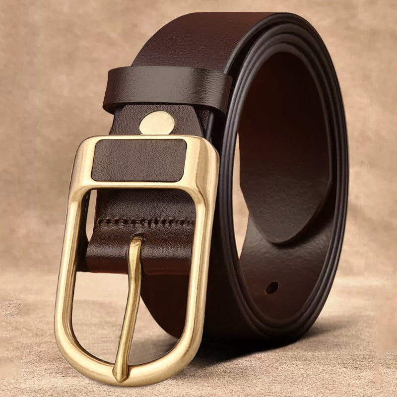 Men's genuine leather belt with curry gold buckle - pin buckle design for casual and formal wear