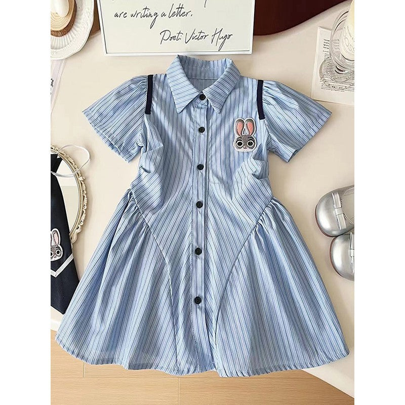 Girls Korean Cartoon Shirt Dress Slim Fit Summer