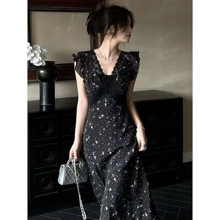 Black floral dress black lace floral bias-cut waist-cinching french long dress