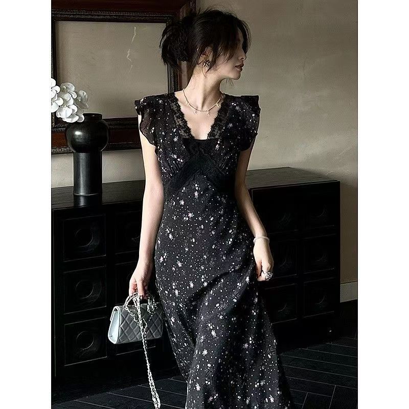 Black floral dress black lace floral bias-cut waist-cinching french long dress