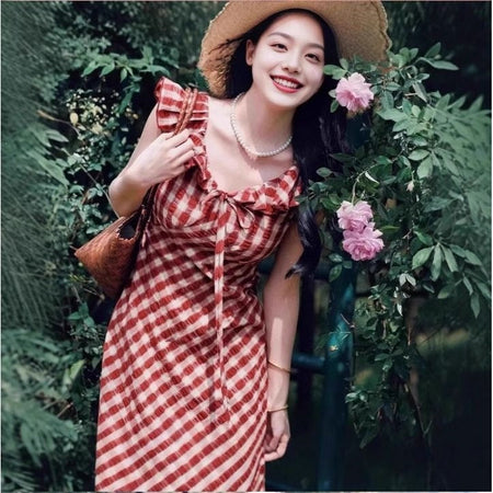 French retro red plaid slim summer dress for women