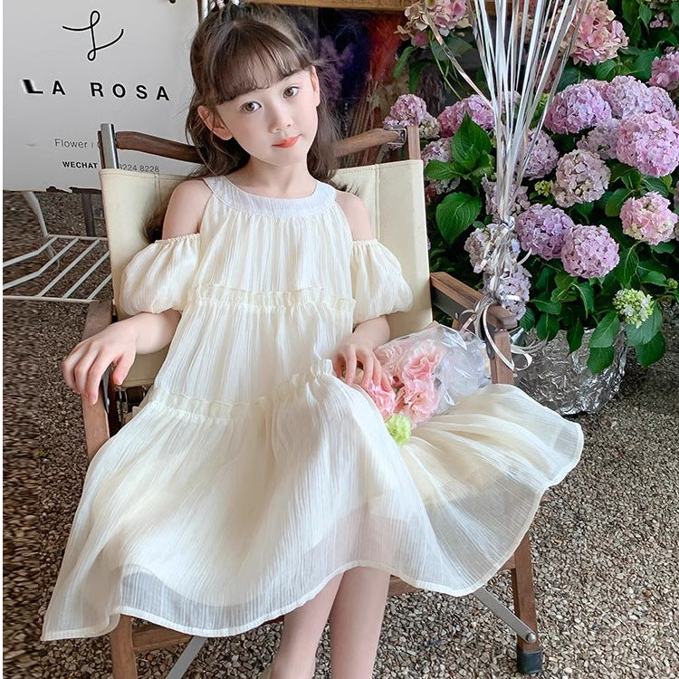 Beige girls Korean-style princess summer dress for casual and seasonal wear