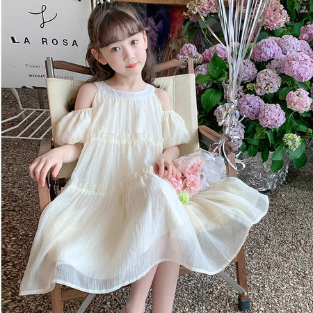 Beige girls Korean-style princess summer dress for casual and seasonal wear