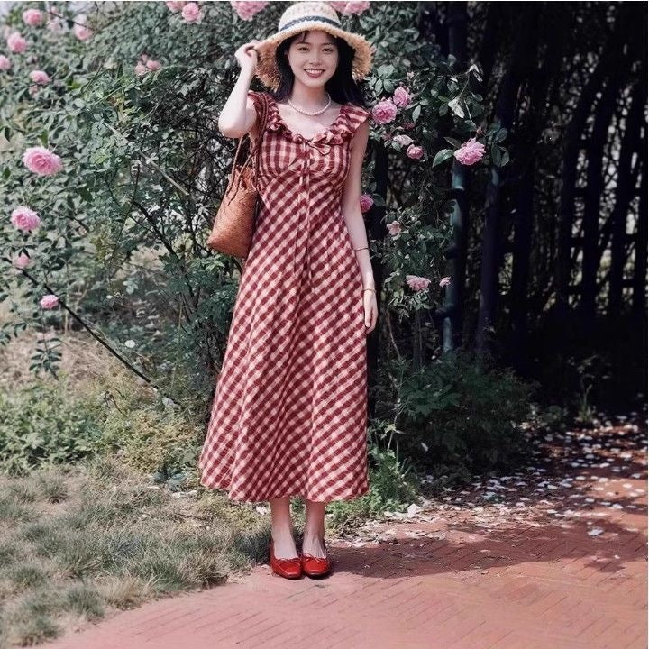 French Retro Red Plaid Slim Summer Dress for Women