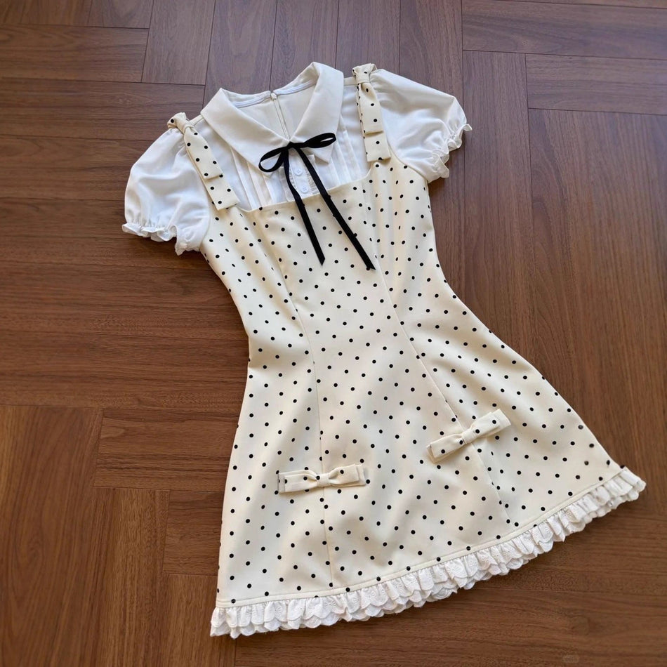 Girls Polka Dot Two Piece Bow Collar Dress Summer
