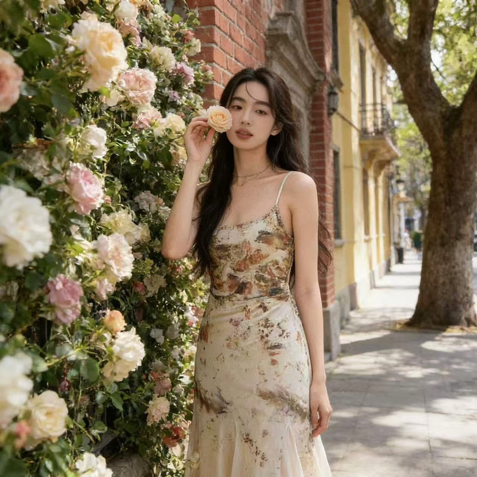 Floral fishtail suspender long dress for women