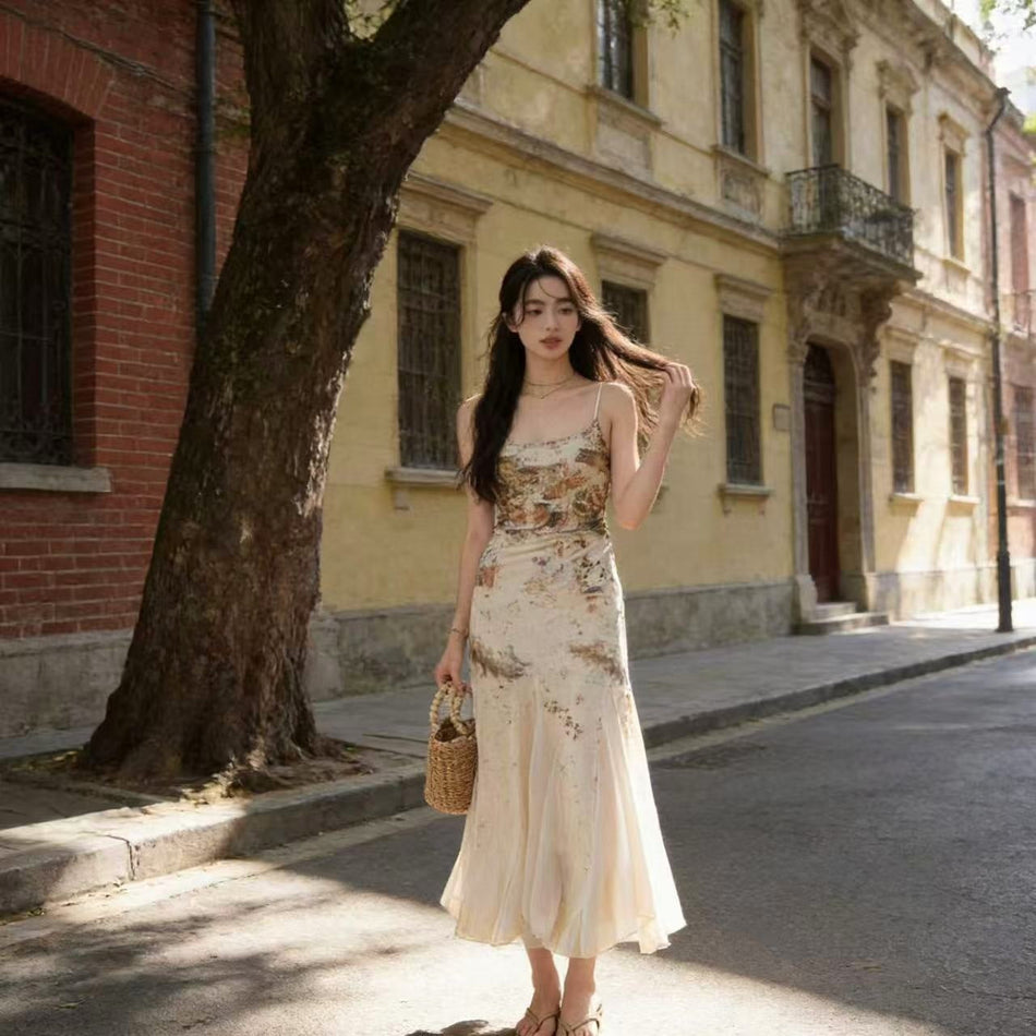 Floral Fishtail Suspender Long Dress for Women