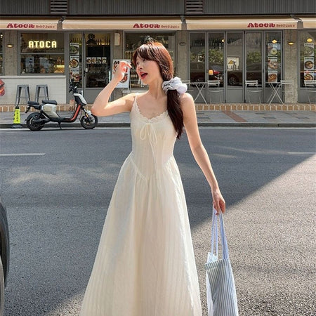 White suspender dress white lace spaghetti strap summer dress for women