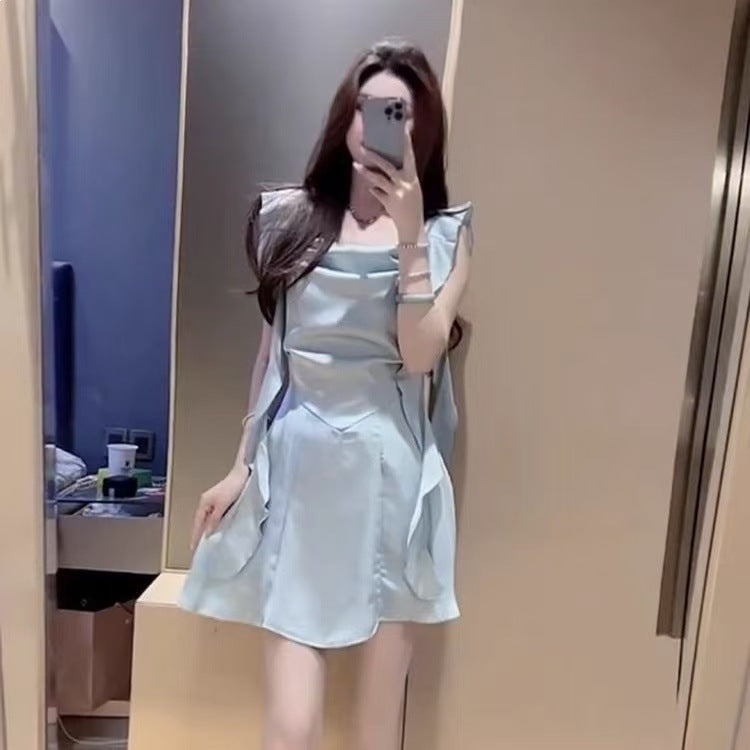 Champagne dress french satin square neck ruffled short dress
