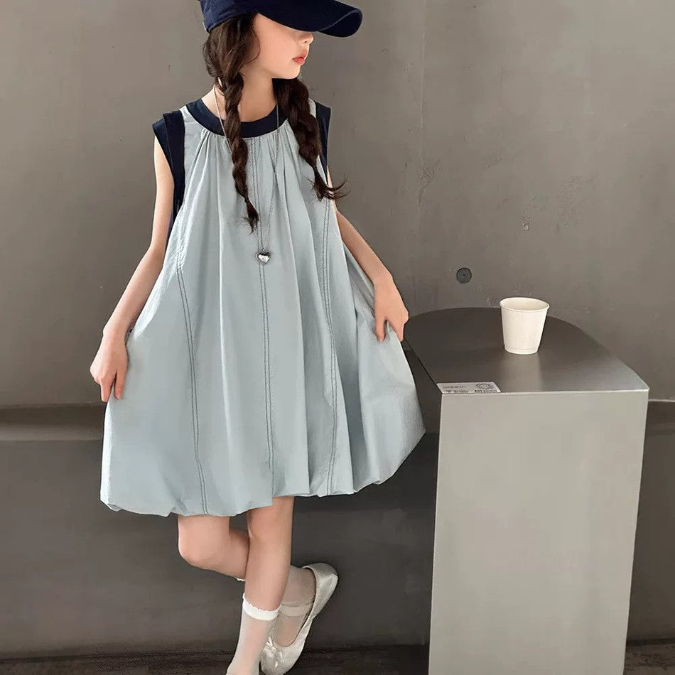 Girls Korean Contrast Color Flower Bud Dress Summer