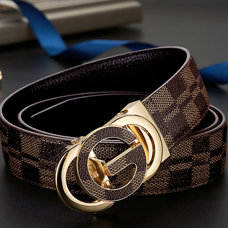 Men's genuine leather belt with brown gold buckle - automatic buckle design for casual and formal wear