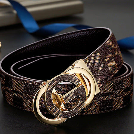 Men's genuine leather belt with brown gold buckle - automatic buckle design for casual and formal wear