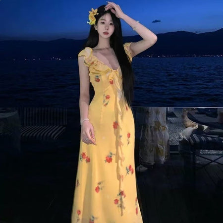 Rose lace floral suspender summer dress for women