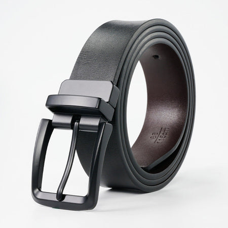 Men's genuine leather belt with black gun buckle (available on both sides) - pin buckle design for casual and formal wear