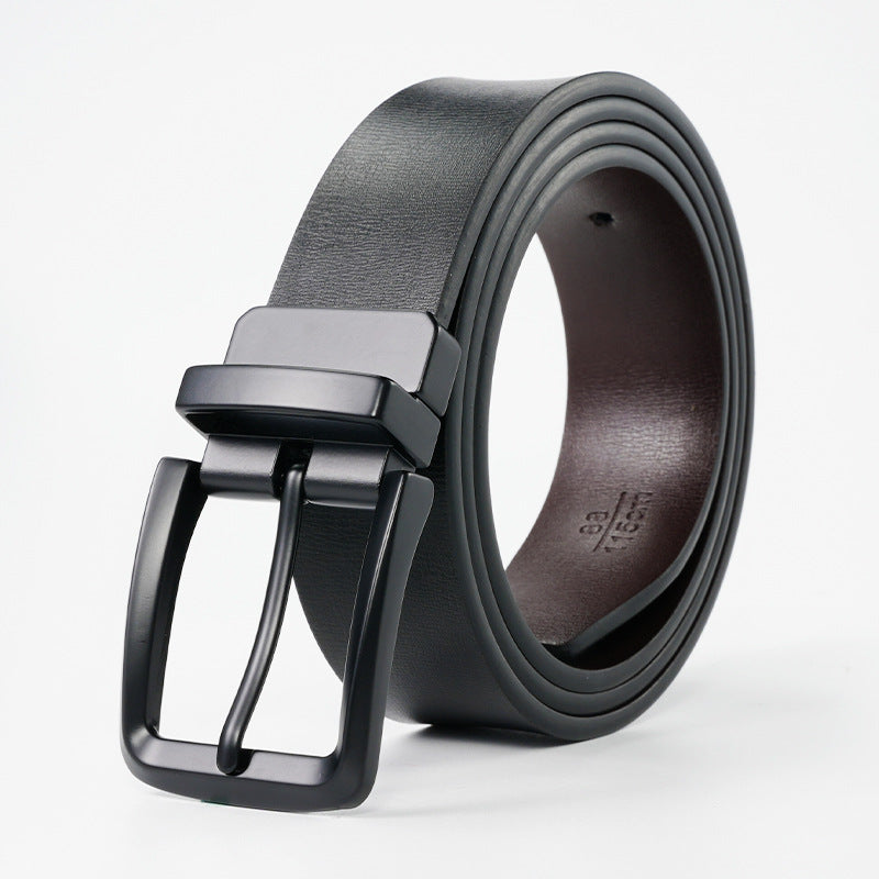 Men's genuine leather belt with black gun buckle (available on both sides) - pin buckle design for casual and formal wear