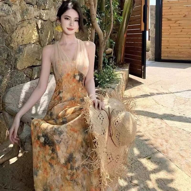 Backless Floral Mesh Halter Summer Dress for Women