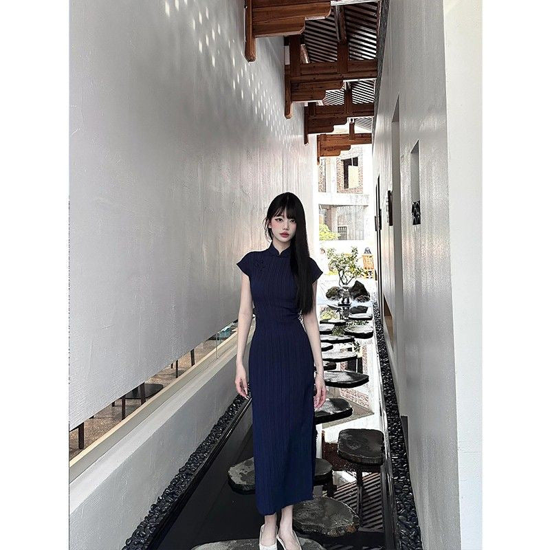 Chinese cheongsam hepburn navy blue long dress