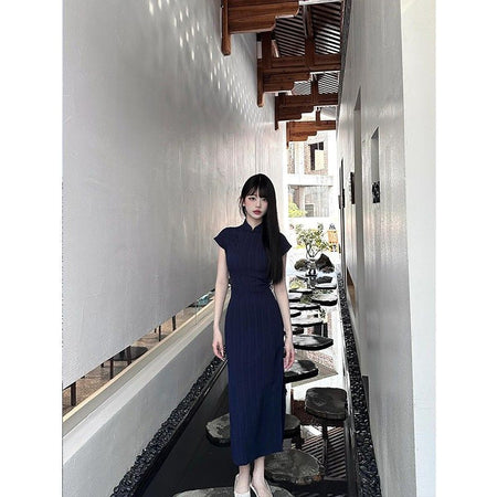 Chinese cheongsam hepburn navy blue long dress