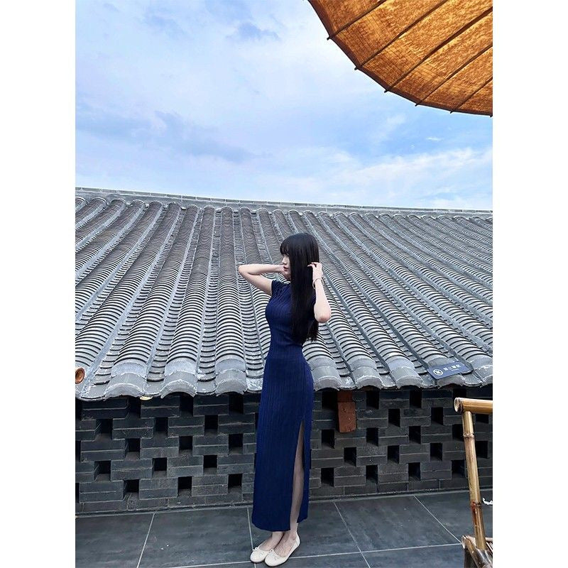 Chinese Cheongsam Hepburn Navy Blue Long Dress