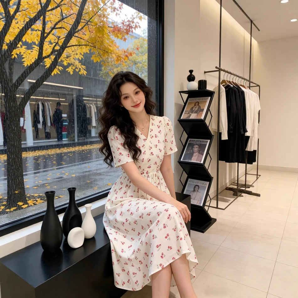 Vintage Floral V-Neck Slim Summer Dress for Women