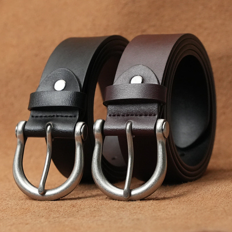 Men's genuine leather belt with needle curry ancient silver - pin buckle design for casual and formal wear
