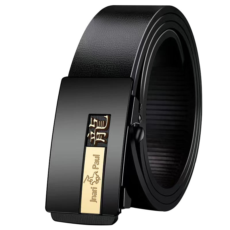 Men's genuine leather belt with wyk- black gold buckle (horse) - automatic buckle design for casual and formal wear