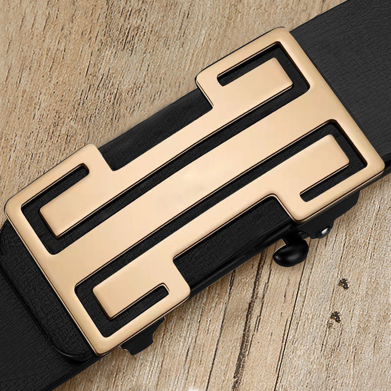 Men's genuine leather belt with wyk- black gold buckle - automatic buckle design for casual and formal wear
