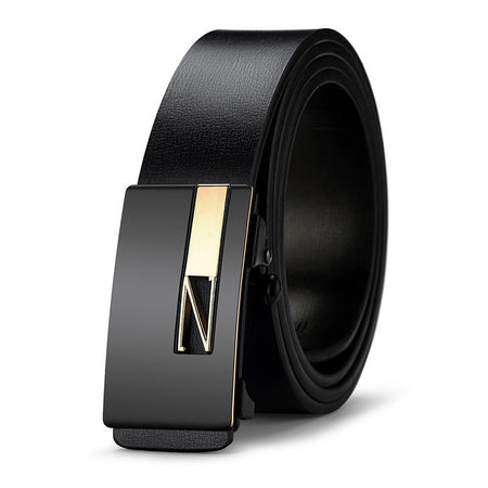 Men's genuine leather belt with black gold buckle (no logo) - automatic buckle design for casual and formal wear
