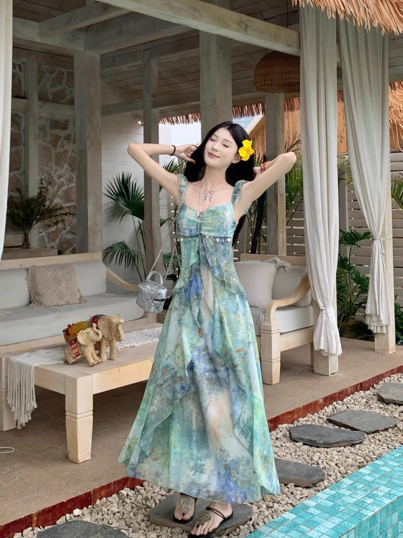 French retro smudged color suspender summer dress