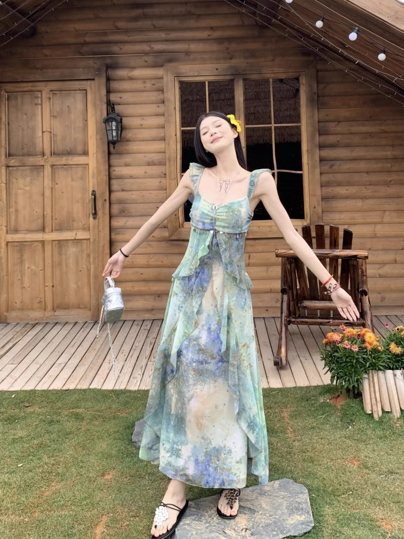 French Retro Smudged Color Suspender Summer Dress